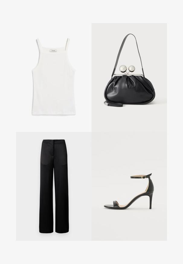 Hvid tank top med tynde stropper, lavet af ribbet bomuldsstof, med en lige halsudskæring og en ren afslutning i kanten.; Bredbenede sorte bukser med en tekstureret overflade, der har en flad talje og to sidelommer. Stoffet ser let og strømmende ud.; Sort læder højhælede sandaler med ankelrem. Har en glat tekstur, åben tå og en tynd hæl. Guldtonet spænde detalje.; Sort læderhåndtaske med opsamlet design, en enkelt rem, sølv metalramme og to store runde sølv lukninger.