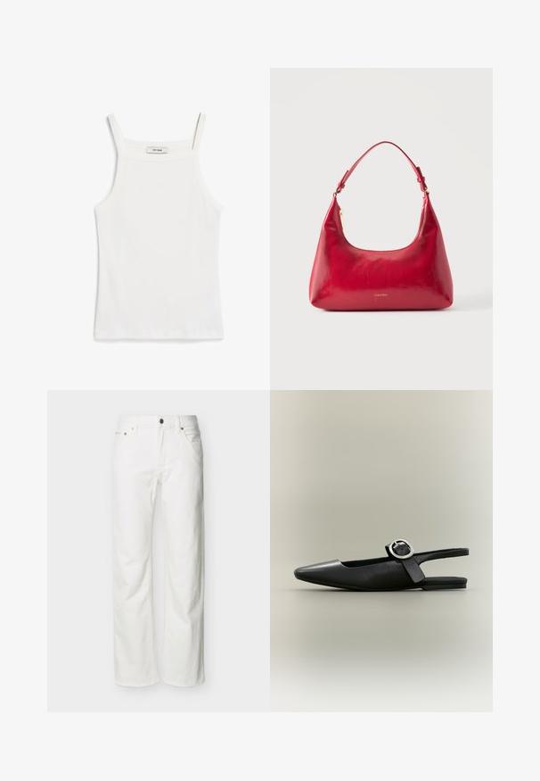 Witte tanktop met dunne banden, gemaakt van ribkatoenen stof, met een rechte halslijn en een nette afwerking aan de zoom.; Witte jeans met rechte pijpen, voorzakken, riemlussen, knoopsluiting en zichtbare stiksels tegen een effen achtergrond.; Zwarte puntschoen met lage hak en zilveren gesp, slingback model op een neutrale achtergrond.; Rode leren schoudertas met gouden rits en verstelbare band, Calvin Klein-logo gecentreerd aan de voorkant.