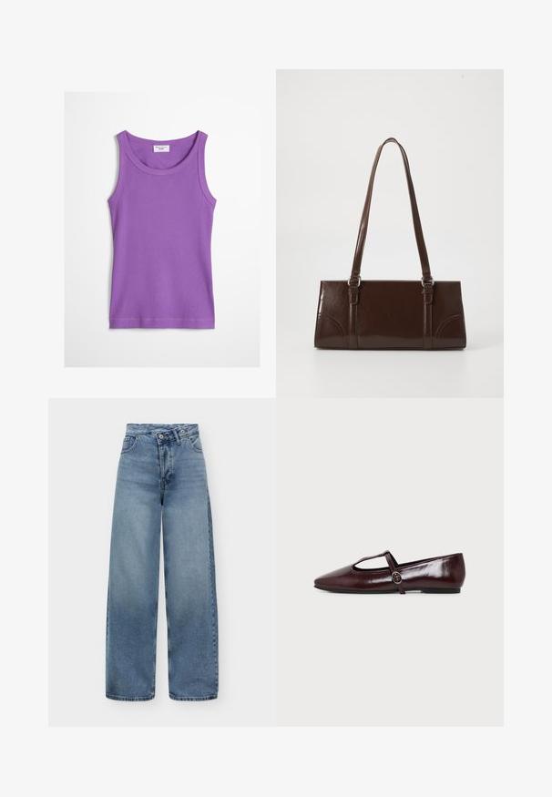Débardeur violet côtelé sans manches avec encolure ronde et étiquette Marc O’Polo Denim à l'intérieur du col.; Jean bleu taille haute à jambes larges avec fermeture bouton et zip, poches avant et texture denim délavée sur fond uni.; Chaussure plate en cuir bordeaux foncé avec un bout pointu et une fine bride en T avec une boucle argentée sur fond blanc.; Sac à main en cuir verni marron de forme rectangulaire, avec deux longues poignées et des accents courbés subtils à l'avant.