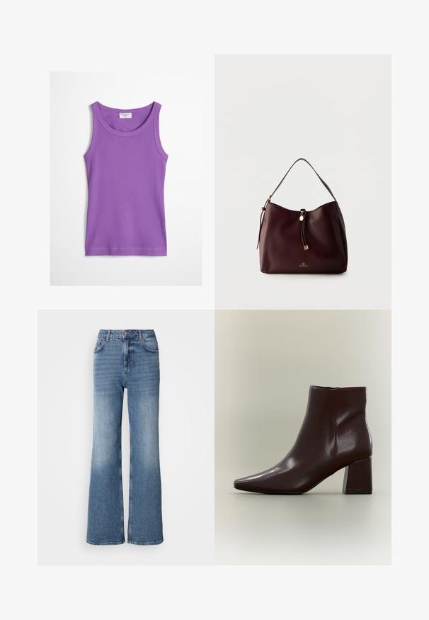 Débardeur violet côtelé sans manches avec encolure ronde et étiquette Marc O’Polo Denim à l'intérieur du col.; Mos Mosh MAI - Jean droit - blue wash; Bottine en cuir marron foncé avec talon bloc carré et fermeture éclair latérale sur fond neutre.; Sac à épaule en cuir marron foncé avec un pompon tressé, des accents dorés et le logo Anna Field à l'avant, sur un fond clair uni.