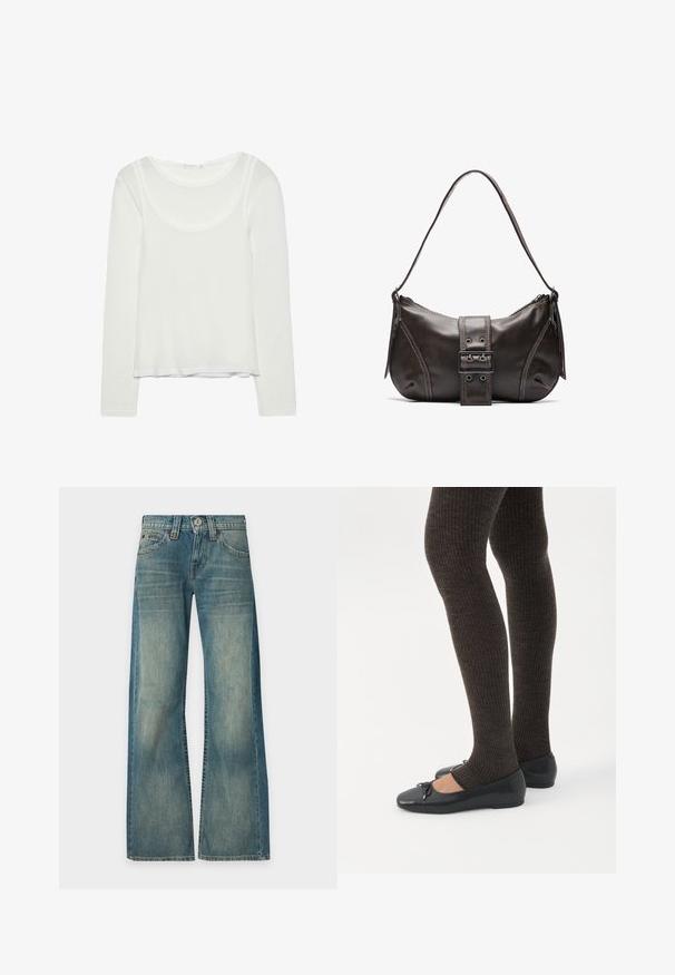 Haut superposé à manches longues blanc pour femmes avec encolure dégagée et silhouette ajustée, présenté à plat sur un fond blanc.; Jean en denim bleu à lavage délavé, taille haute, jambes larges, bouton et fermeture éclair devant, cinq poches, présenté sur un fond uni.; Jambes portant des leggings côtelés foncés associés à des ballerines noires avec de petits détails en nœud sur fond blanc.; Sac à épaule en cuir marron avec une forme courbée, présentant un détail de boucle proéminent, des coutures contrastantes et une seule bandoulière.