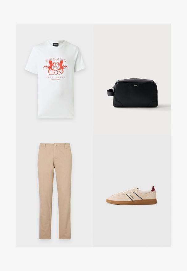 Hvid bomulds t-shirt med et rødt grafisk print af to løver og teksten "THE GOLDEN LION FREE HOUSE" i et cirkulært design. Korte ærmer.; Beige bukser lavet af bomuld med lige ben, der har en frontknaplukning, sidelommer og subtile teksturdetaljer.; Sneakers i cremet beige ruskind med marineblå striber, hvide snørebånd og en brun gummisål. Logoet vises på siden og hælen.; HUGO Toilettaske - black