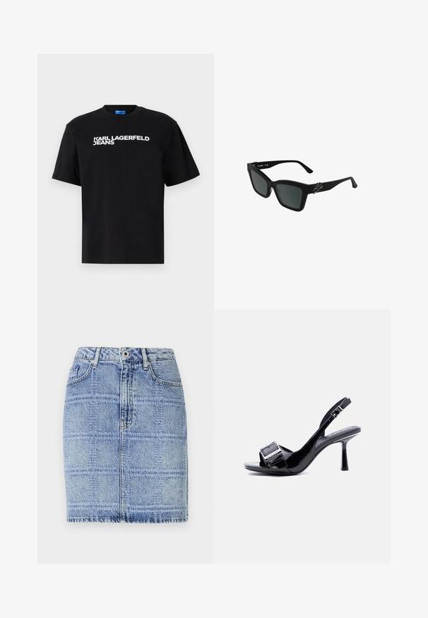 Čierne bavlnené tričko s krátkymi rukávmi, na prednej strane je veľkými bielymi písmenami vytlačený nápis "KARL LAGERFELD JEANS".; Džínová sukňa v svetlom modrom prevedení s mriežkovaným vzorom. Má vysoký pás, dve predné vrecká a akcenty v podobe stehov pozdĺž lemovania a švov.; Čierne sandále na vysokom podpätku so zatváraním na remienok zo syntetickej lesklej kože s detailom striebornej pracke na prednom remienku na bielom pozadí.; Čierne obdĺžnikové slnečné okuliare s tmavými šošovkami, hrubými rámami a bočným akcentom z kovového materiálu. Štýl je ostrý a moderný.