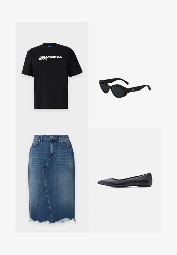Čierne bavlnené tričko s krátkymi rukávmi, na prednej strane je veľkými bielymi písmenami vytlačený nápis "KARL LAGERFELD JEANS".; Modrá rifľová sukňa ceruzkového strihu s asymetrickým predným švom, ošúchaným lemom, náprsnými pútkami a prednými vreckami.; Čierna kožená balerína s špičatou špičkou a nízkym podpätkom, zobrazená z profilu na bielom pozadí.; Čierne slnečné okuliare v štýle mačacích očí s lesklým povrchom, tmavými sklami a logom "cK" na spánku. Ostrý dizajn a hrubé rámy.