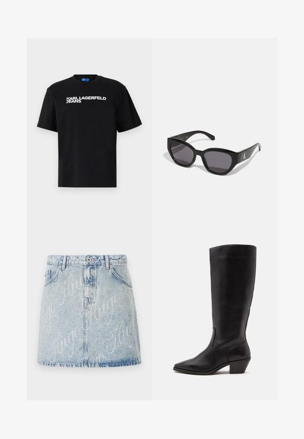 Sort bomuld T-shirt med korte ærmer, med "KARL LAGERFELD JEANS" trykt med store hvide bogstaver over forsiden.; Lysblå denimnederdel med falmet vask, med frontknaplukning og logo-mønster med "Hugo" over det hele. Fem-lomme stil.; Sort læderstøvle til midtkalv med spids tå og lavt skråt hæl på en enkel lys baggrund.; Sorte solbriller med et strømlinet, vinklet design, mørke linser og et kontrasterende sølvlogo på siden. Glat plastoverflade.
