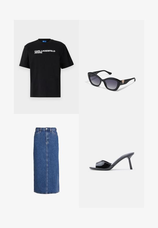 Camiseta de algodón negra con mangas cortas, con "KARL LAGERFELD JEANS" impreso en grandes letras blancas en la parte frontal.; Falda midi de mezclilla en azul medio con corte recto, cierre delantero de botones, dos bolsillos laterales y costuras visibles para dar textura.; Sandalias de tacón con punta abierta de charol negro, con un diseño superior curvado y tacón de aguja cónico. Acabado liso y brillante.; Guess Gafas de sol - shiny black