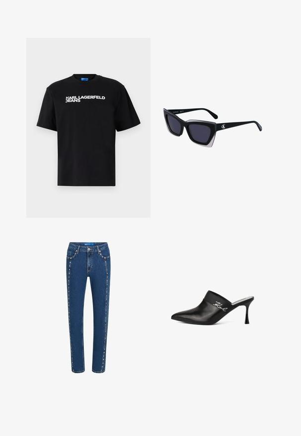 Camiseta de algodón negra con mangas cortas, con "KARL LAGERFELD JEANS" impreso en grandes letras blancas en la parte frontal.; Vaqueros de mezclilla en azul oscuro con corte recto, que presentan costuras en contraste y tachuelas decorativas a lo largo de las costuras laterales y los bolsillos delanteros.; Mule de cuero negro con punta afilada y tacón de aguja. Presenta una banda ancha con detalle en escritura plateada en el costado. Textura suave.; Gafas de sol negras de gran tamaño con una forma geométrica, que presentan lentes oscuros y un detalle gris contrastante en la montura. Logo en la pata.