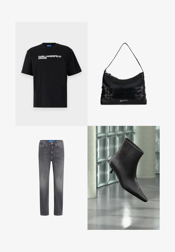 Čierne bavlnené tričko s krátkymi rukávmi, na prednej strane je veľkými bielymi písmenami vytlačený nápis "KARL LAGERFELD JEANS".; Sivé džínsy z denimu s rovnými nohavicami, piatimi vreckami a klasickým zipsom. Obsahujú jemné vyšúchanie a označenie na opasku s logom.; Čierna kožená členková obuv s ostrou špičkou a nízkym podpätkom, zobrazená na pozadí steny zo sklenených blokov a leštenej podlahy.; Čierna kožená taška na rameno s dvoma dekoratívnymi bočnými prackami, so zapínaním na zips a logom "Karl Lagerfeld Jeans" na prednej strane.