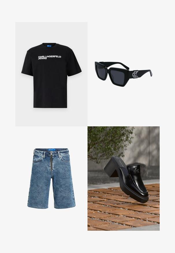 Čierne bavlnené tričko s krátkymi rukávmi, na prednej strane je veľkými bielymi písmenami vytlačený nápis "KARL LAGERFELD JEANS".; Džínové šortky v svetlom modrom praní, s uzáverom na zips, piatimi vreckami a rovnou nohou s detailmi na roztrhnutých okrajoch.; Čierne kožené šľapky Calvin Klein s blokovým podpätkom, ktoré oddychujú na drevených dlaždiciach vonku blízko zelenej rastliny a šedej steny.; Čierne slnečné okuliare s hranatým rámom, tmavé šošovky, matný povrch a strieborný detail loga CK na bočnej strane.