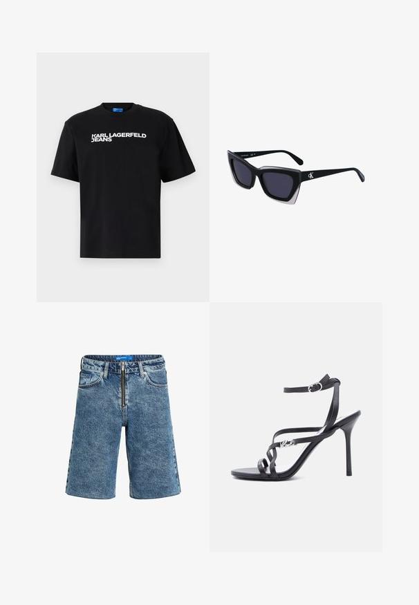 Čierne bavlnené tričko s krátkymi rukávmi, na prednej strane je veľkými bielymi písmenami vytlačený nápis "KARL LAGERFELD JEANS".; Džínové šortky v svetlom modrom praní, s uzáverom na zips, piatimi vreckami a rovnou nohou s detailmi na roztrhnutých okrajoch.; Čierna sandále na vysokom podpätku s tenkými remienkami, prackou na členku a kovovým logom na bočnom remienku, na bielom pozadí.; Čierne oversized slnečné okuliare s geometrickým tvarom, s tmavými šošovkami a kontrastným šedým detailom na ráme. Logo na mostíku.
