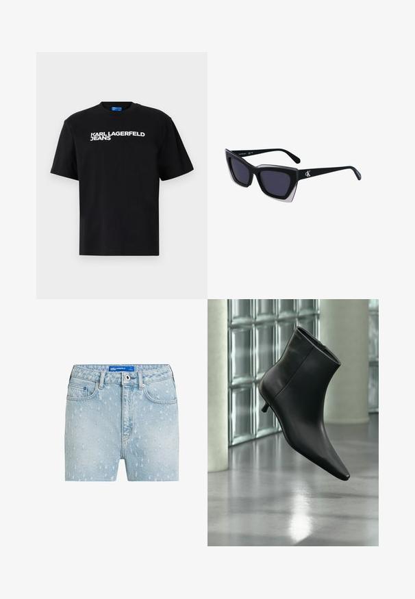 Camiseta de algodón negra con mangas cortas, con "KARL LAGERFELD JEANS" impreso en grandes letras blancas en la parte frontal.; Bermudas de mezclilla azul claro con un patrón desgastado, cinco bolsillos y cierre de botón. Etiqueta de la marca visible en la cintura.; Botín negro de cuero con punta puntiaguda y tacón bajo estilo kitten, mostrado en ángulo sobre un suelo pulido y con una pared de bloques de vidrio de fondo.; Gafas de sol negras de gran tamaño con una forma geométrica, que presentan lentes oscuros y un detalle gris contrastante en la montura. Logo en la pata.