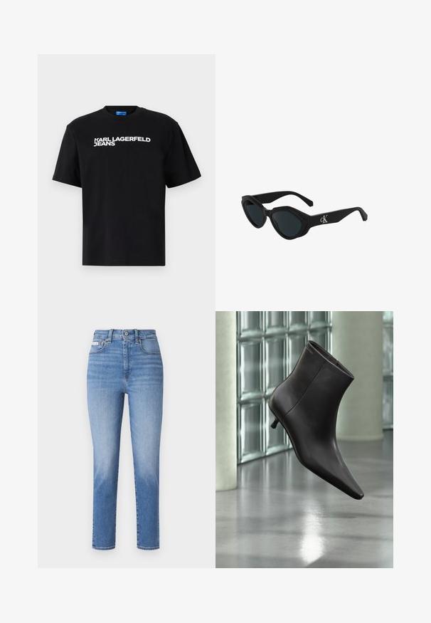 Sort bomuld T-shirt med korte ærmer, med "KARL LAGERFELD JEANS" trykt med store hvide bogstaver over forsiden.; Lyseblå denimjeans med høj talje, lige ben og subtile lysninger. Har bæltestropper, fem lommer og lukning med metalknap.; Sort læderankelstøvle med spids tå og lille hæl vist mod en væg af glasblokke og poleret gulv baggrund.; Sorte katteøje solbriller med en glat finish, mørke linser og et "cK"-logo på stangen. Vinklet design og tykke stel.