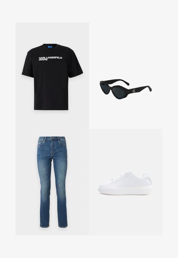 Camiseta de algodón negra con mangas cortas, con "KARL LAGERFELD JEANS" impreso en grandes letras blancas en la parte frontal.; Jeans de mezclilla azul de corte medio con pierna recta, que cuentan con una textura suave, un leve desvanecimiento y un diseño clásico de cinco bolsillos con cierre de botón.; Zapatilla blanca de corte bajo con cierre de cordones, suela gruesa y parte superior lisa, mostrada desde el lado exterior sobre un fondo claro y sencillo.; Gafas de sol negras con forma de ojo de gato, acabado brillante, lentes oscuros y un logo "cK" en la patilla. Diseño angular y montura gruesa.