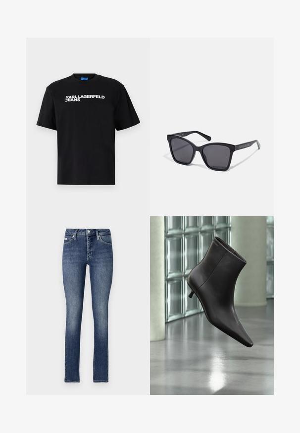 Camiseta de algodón negra con mangas cortas, con "KARL LAGERFELD JEANS" impreso en grandes letras blancas en la parte frontal.; Jeans ajustados en denim de lavado oscuro, con una cintura de altura media, cinco bolsillos, costuras visibles y cierre de botón en la cintura.; Bota de cuero negro para el tobillo con puntera puntiaguda y tacón pequeño, exhibida frente a una pared de bloques de vidrio y un suelo pulido.; Gafas de sol rectangulares negras con lentes oscuros y marcos brillantes. Presentan un logotipo plateado en el lateral. Forma cuadrada con brazos robustos.
