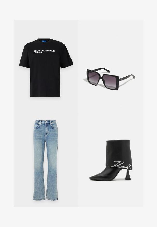 Čierne bavlnené tričko s krátkymi rukávmi, na prednej strane je veľkými bielymi písmenami vytlačený nápis "KARL LAGERFELD JEANS".; Svetlomodré zvonové džínsy vyrobené z denimu, s gombíkovým zapínaním, piatimi vreckami a jemným vyblednutím pre opotrebovaný vzhľad.; Čierna kožená členková čižma s špicatou špičkou, vysokým hrubým podpätkom a preloženým vrchom s detailom strieborného loga "Zaul".; Čierne slnečné okuliare v štvorcovom tvare so sivými gradientovými šošovkami. Lesklé rámy s čistými líniami. Strieborný logotyp ako akcent na nožičkách.