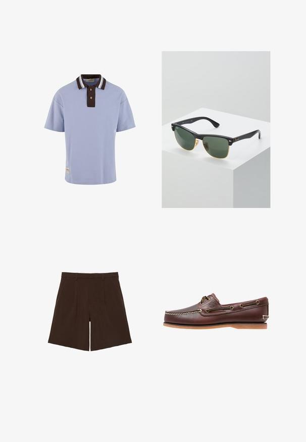 Polo bleu clair avec un col côtelé marron comportant des rayures blanches, deux boutons marron et un petit logo sur l'ourlet avant.; Shorts marron foncé coupés au genou, cintrés avec passants de ceinture et plis sur le devant, présentés à plat sur fond blanc.; Chaussure bateau en cuir marron avec coutures blanches, détails de lacets et semelle en caoutchouc beige, vue de côté sur fond blanc.; Lunettes de soleil Ray-Ban avec des verres verts, monture en plastique noir et accents dorés sur les bords. Forme carrée avec une finition mate.