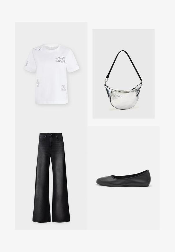T-shirt blanc manches courtes avec dessin en lignes noires comprenant des cœurs, le texte « SAMSOE SAMSOE », une fleur, un soleil et de petites pièces sur les manches et sur le devant.; Jean noir taille haute à jambes larges avec poches avant, passants de ceinture, fermeture à boutons et détails subtilement délavés.; Ballerines en cuir noir avec un bout rond, texture lisse, détails de couture minimalistes et design de semelle flexible.; Sac d’épaule métallique argenté en forme de croissant avec sangle noire réglable et fermeture éclair sur fond clair uni.