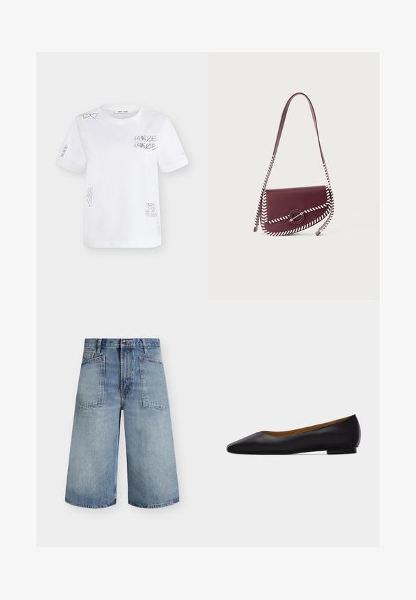T-shirt blanc manches courtes avec dessin en lignes noires comprenant des cœurs, le texte « SAMSOE SAMSOE », une fleur, un soleil et de petites pièces sur les manches et sur le devant.; Short en denim bleu clair taille haute, jambes larges, poches plaquées à l'avant, passants pour ceinture et fermeture à boutons.; Chaussure plate en cuir noir à bout pointu avec talon bas et finition lisse, vue de côté sur un fond gris clair.; Sac à bandoulière en cuir rouge foncé avec une finition point de fouet blanche et un fermoir métallique circulaire sur le rabat avant.