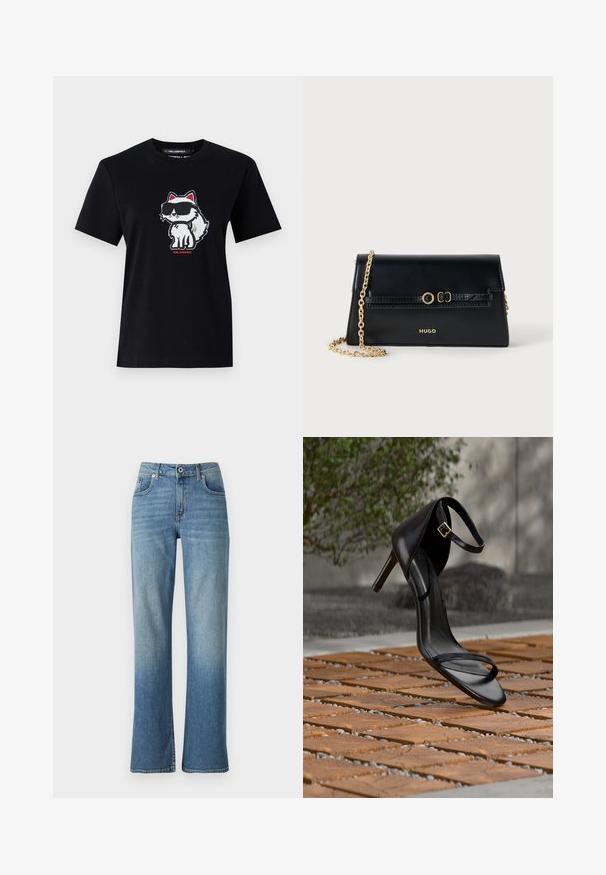 Schwarzes Baumwoll-T-Shirt mit einem Cartoon-Fuchs in Sonnenbrille, in Weiß umrandet und mit roten Akzenten, zentriert auf der Vorderseite. Kurze Ärmel und Rundhalsausschnitt.; Hellblaue Denim-Jeans im Straight-Leg-Design, ausgestattet mit fünf Taschen, einem Knopfverschluss und leichter Ausbleichung für einen getragenen Look.; Schwarze Sandalette mit hohem Absatz und Knöchelriemen schwebt über einem Holzboden im Freien vor verschwommenem Grün und Steinhintergrund.; Schwarze Ledertasche mit goldfarbener Kettenriemen, rechteckiger Form, geprägten Akzenten auf der Klappe und Logo in Gold auf der Vorderseite.