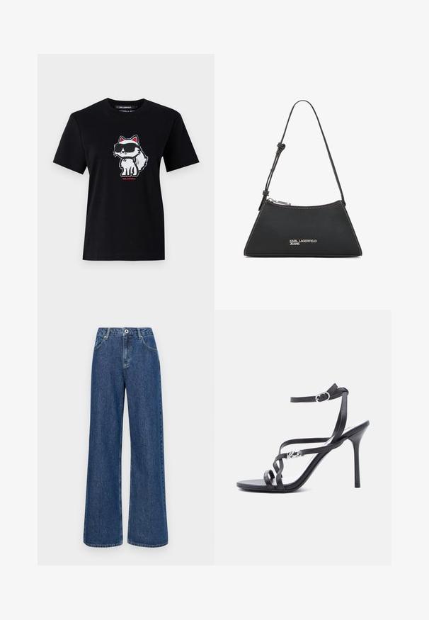Sort bomulds-t-shirt med en tegneserie ræv i solbriller, omridset i hvid med røde accenter, centreret på forsiden. Korte ærmer og rund hals.; Bredde blå denim jeans med høj talje, udstyret med forlommer og en enkelt knaplukning. Tekstureret stof med synlige sømme.; Sort højhælet sandal med tynde stropper, ankelspænde og en metal-logo detalje på siden af stroppen, sat mod en hvid baggrund.; Sort læderhandtaske med trekantet form, der har en sølvlynlås, hvidt syning og et "KARL LAGERFELD JEANS" logo foran.