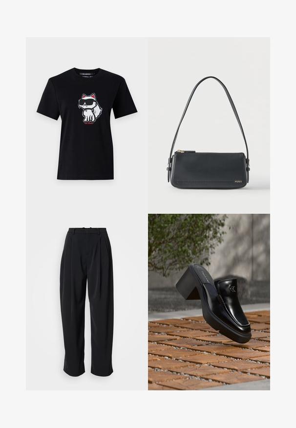 Schwarzes Baumwoll-T-Shirt mit einem Cartoon-Fuchs in Sonnenbrille, in Weiß umrandet und mit roten Akzenten, zentriert auf der Vorderseite. Kurze Ärmel und Rundhalsausschnitt.; DRYKORN INK - Stoffhose - black; Schwarze Leder-Slip-on-Mule von Calvin Klein mit Blockabsatz, die auf Holzfliesen im Freien nahe einer grünen Pflanze und einer grauen Wand ruht.; Schwarze rechteckige Lederschultertasche mit goldenem Reißverschluss und kleinem goldenem "HUGO"-Logo auf der Vorderseite, mit verstellbarem Riemen und Schnalle.