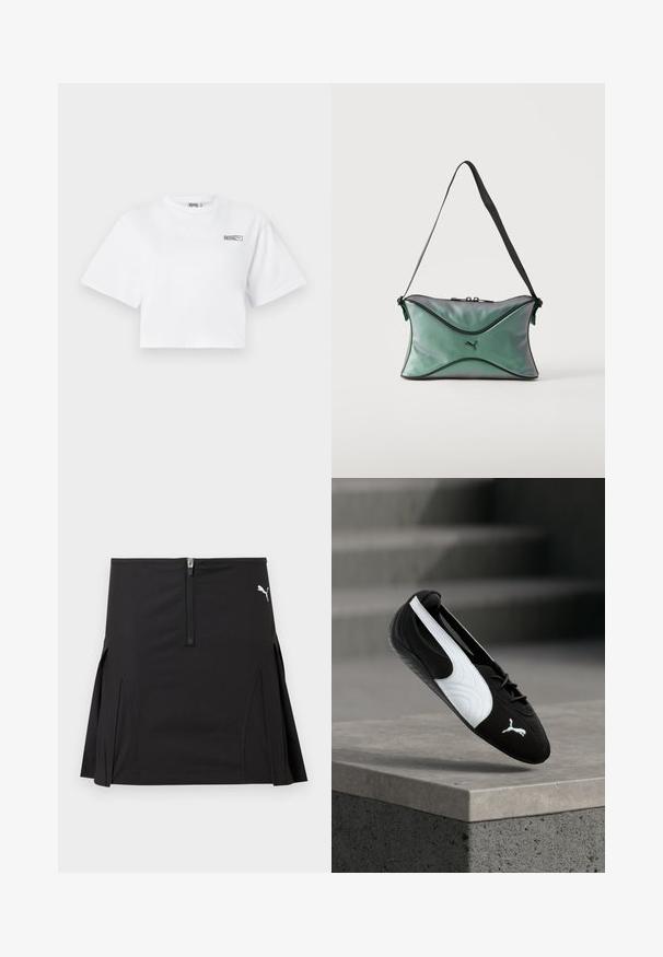 T-shirt blanc court à manches courtes avec un petit logo "HOSIE" et un logo Puma sur le haut à gauche de la poitrine.; Jupe de sport noire avec fermeture éclair à l'avant et plis latéraux, arborant un logo Puma blanc sur le côté supérieur droit.; Baskets Puma noir et blanc avec lacets flottant au-dessus d'un rebord en béton sur un fond flou d'escaliers gris.; Petit sac d'épaule vert irisé avec bordure noire, sangle réglable noire, fermeture éclair et logo Puma au centre avant.