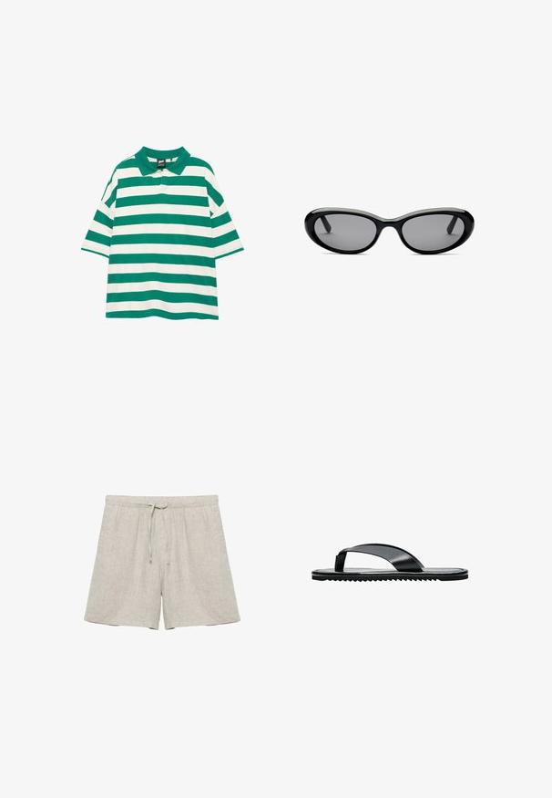 Polo à larges rayures horizontales vertes et blanches, avec col et manches courtes, sur fond blanc.; Shorts en lin beige clair avec taille élastique et cordon de serrage, coupe droite, sans marque visible ni motifs.; Sandale tongs plates noires avec une large bride d’orteil et une semelle texturée, vue de profil sur fond blanc.; Lunettes de soleil ovales noires avec des verres teintés foncés et une épaisse monture brillante, montrées de face sur un fond blanc.