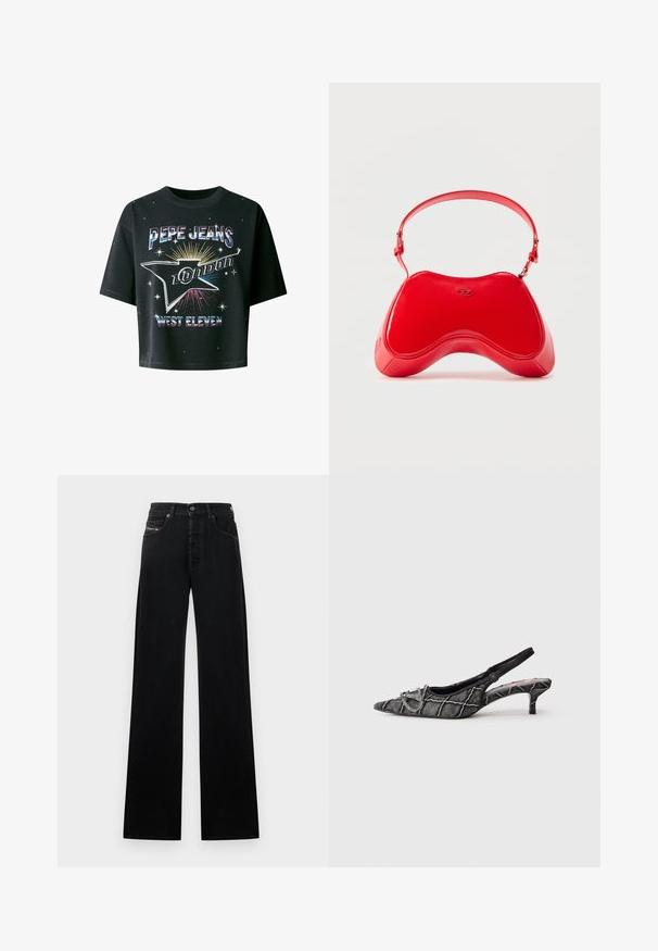 Čierne skrátené tričko z bavlny s okrúhlym výstrihom. Obsahuje farebnú grafiku s nápisom "PEPE JEANS LONDON" a dizajnom výbuchu hviezd.; Čierne džíny s širokými nohavicami z denimu, s predným zapínaním na gombíky, piatimi vreckami a malou logo nášivkou na páse.; Čierny slingback s podpätkom typu kitten, špicatou špičkou, textúrovaným vzorom a striebornou prackou na bielom pozadí.; Červená kabelka z lakovanej kože s zakriveným, ergonomickým tvarom, vybavená tenkým nastaviteľným remienkom a jemným logom na prednej strane.