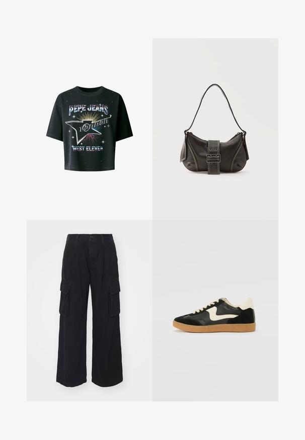 Čierne skrátené tričko z bavlny s okrúhlym výstrihom. Obsahuje farebnú grafiku s nápisom "PEPE JEANS LONDON" a dizajnom výbuchu hviezd.; Čierne cargo nohavice vyrobené z odolnej tkaniny, s širokými nohavicami, viacerými bočnými vreckami a klasickým zapínaním na gombík v páse.; Čierne semišové a kožené tenisky s krémovým bočným prešívaním a svetlo krémovou pätou. Obsahujú béžové šnúrky a podošvu z gumeného kaučuku.; Čierna kožená kabelka cez rameno s detailom prackového popruhu, zaoblenými okrajmi a kontrastným bielym prešívaním na jednoduchom pozadí.