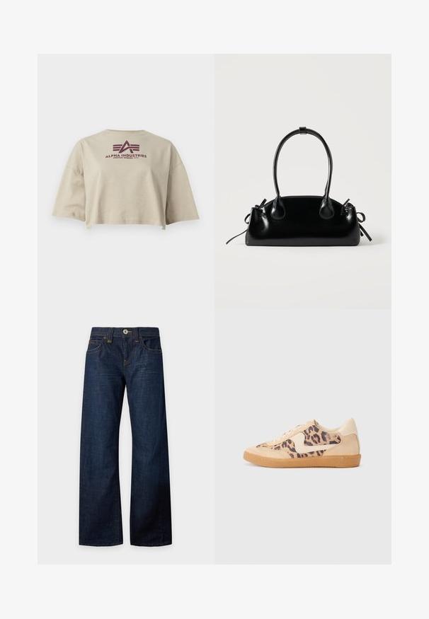 Beige cropped t-shirt lavet af bomuld, med korte ærmer og rund halsudskæring. Den har et maroon "Alpha Industries" logo på ryggen.; Mørkeblå jeans med brede ben, knap- og lynlåslukning, for- og baglommer, bæltestropper og kontrastsyninger, lagt fladt på en hvid baggrund.; Leopardprint sneakers med beige ruskindsoverdel, tan gummisål og hvide detaljer. Rund pegefinger og snørebåndsdesign med en tekstureret finish.; Lille sort blank håndtaske med to lange håndtag og snøre-detaljer i siden på en ensfarvet lys baggrund.