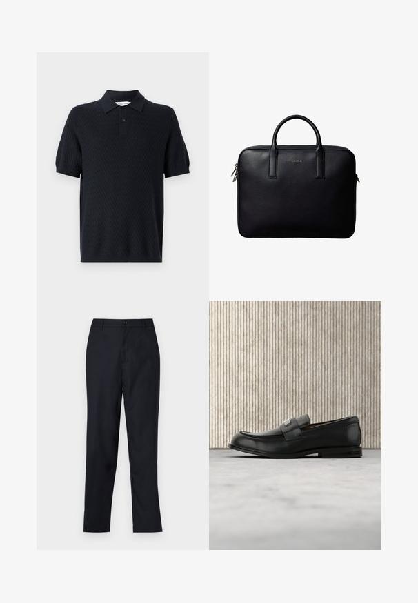 Schwarzes Polohemd mit einem strukturierten Zickzackmuster, kurzen Ärmeln und einem Kragen mit zwei Knöpfen. Hergestellt aus einem atmungsaktiven Stoff.; Marineblaue Hose aus glattem Stoff, mit geradem Beinschnitt, einem einzigen Knopfverschluss und dezenten vorderen Falten.; Schwarzer Lederloafer mit einer Metallmarkenplatte, der nahe einem braunen runden Tisch auf beigem Teppichboden ruht.; Schwarze Lederaktentasche mit zwei Griffen, rechteckiger Form und silbernen Reißverschlusszippern, mit einem kleinen eingeprägten Logo in der Mitte.