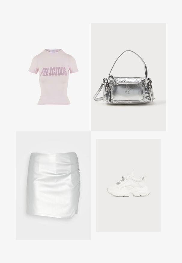 Pink kortærmet t-shirt med tætsiddende silhuet og ribbet kant. Udsmykket med "FELICIOUS" i fede rhinsten på forsiden.; Even&Odd Shorts - silver; Hvid chunky sneaker med tyk sål og dekorativ sølvstjerne og perler på snørebåndene, vist fra siden på en ensfarvet baggrund.; Metallic sølv håndtaske med rektangulær form, toplynlås og frontlomme. Har en kort håndtag og justerbar rem. Struktureret overflade.