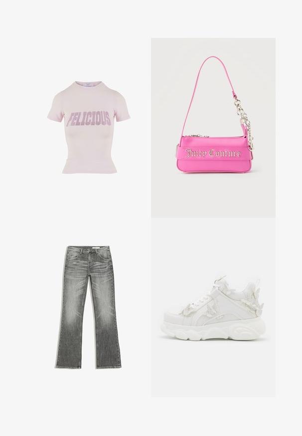 Roze T-shirt met korte mouwen en een getailleerde silhouet met geribbelde zoom. Bevat "FELICIOUS" in dikke rhinestones over de voorkant.; Grijze spijkerbroek met licht uitlopende pijpen, vijfzakkenontwerp en vervaagde details rond de dijen en knieën.; Witte chunky sneaker met dikke zool en decoratieve 3D vlinderaccenten aan de zijkant, veters en hiel.; Kleine felroze Juicy Couture-handtas met zilveren kettingdetail en logotekst aan de voorkant, enkele smalle schouderband.
