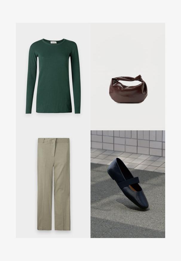 Camiseta de manga larga verde, hecha de algodón suave, con un escote redondeado y un diseño simple y ajustado, sin patrones ni acentos.; Pantalones en verde oliva claro, de corte ajustado, con delantero plano, dos bolsillos laterales y una tela suave y texturizada. Sin patrones ni acentos visibles.; Zapato plano de cuero negro con punta redonda, que presenta una suave correa elástica negra sobre la parte superior. Textura suave y diseño minimalista.; Bolso de hombro de cuero marrón oscuro con una forma suave y caída, y un asa con nudo torcido sobre un fondo blanco liso.