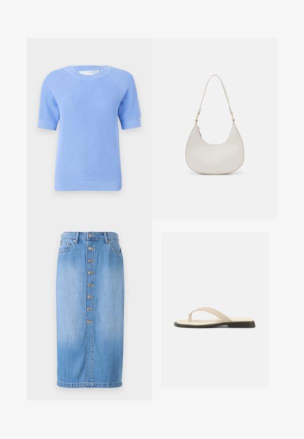Lichtblauwe gebreide trui met korte mouwen, met geribbelde textuur, ronde hals en afgewerkte zoom. Heeft raglanmouwen voor een ontspannen pasvorm.; Blauwe denim midi-rok met een rechte snit, voorzien van een sluiting met knopen aan de voorkant, vijf zakken en een vervaagde wassing voor textuur.; Beige platte teenslipper met gevoerd voetbed en zwarte zool, zijaanzicht op witte achtergrond.; Crème leren schoudertas met een halve maan vorm, dunne schouderband en subtiele stiksels. Minimalistisch ontwerp met gouden hardware accenten.