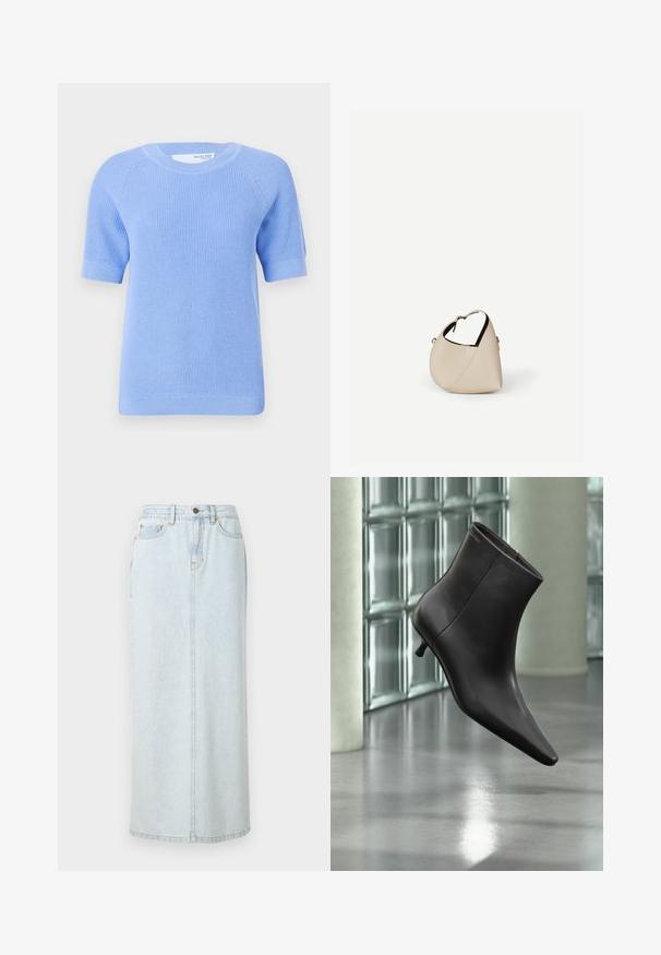 Lichtblauwe gebreide trui met korte mouwen, met geribbelde textuur, ronde hals en afgewerkte zoom. Heeft raglanmouwen voor een ontspannen pasvorm.; Lichtblauwe denim maxi rok met een rechte snit, voorzijde met knopen en zichtbare stiksels. Bevat twee voorzakken.; Zwarte leren enkellaars met puntige neus en lage hak, afgebeeld tegen een glazen blokkenmuur en gepolijste vloer op de achtergrond.; Beige leren handtas in halvemaanvorm met een enkele schouderband en minimale stiksels, afgebeeld tegen een effen witte achtergrond.