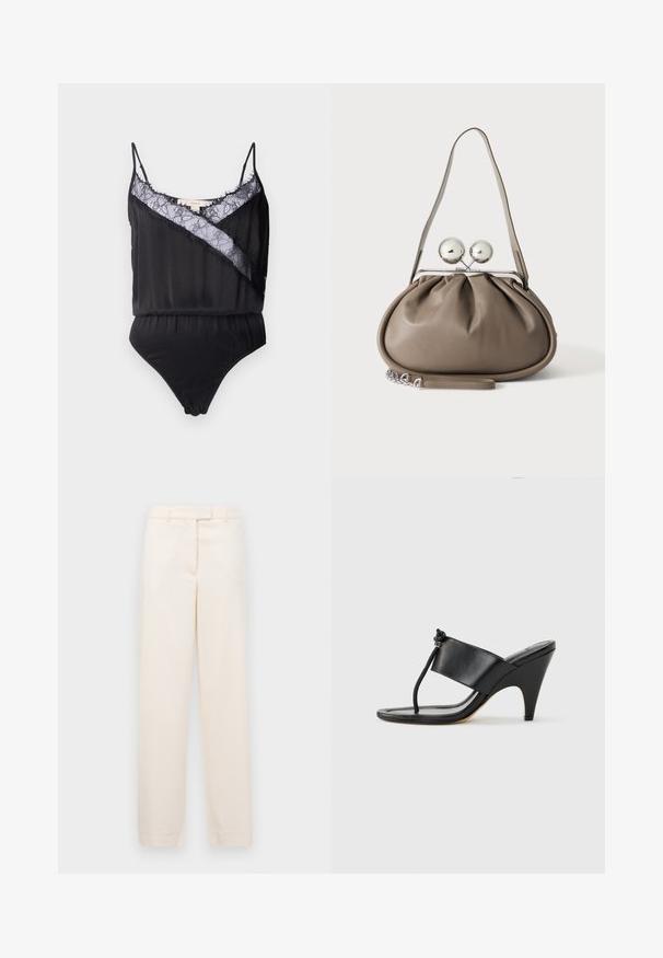 Bodysuit noir avec des bretelles fines, doté d'une superposition en dentelle et de bords effilochés le long de l'encolure et d'un panneau diagonal contrastant. Texture de tissu lisse.; Pantalon beige à jambe droite, fabriqué dans un tissu lisse. Doté d'une taille avec passants de ceinture et d'une fermeture éclair à l'avant.; Sandale noire à talon haut avec une large bride avant et une boucle d'orteil dotée d'un détail de corde nouée, vue de profil sur fond blanc.; Sac à main en cuir gris de forme arrondie, fermeture supérieure avec deux grandes sphères argentées, et une seule anse.