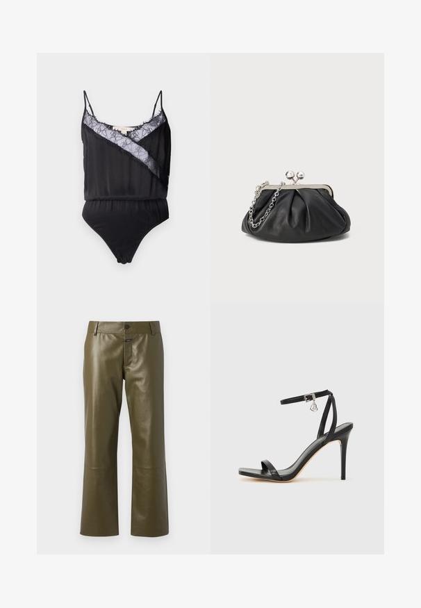 Bodysuit noir avec des bretelles fines, doté d'une superposition en dentelle et de bords effilochés le long de l'encolure et d'un panneau diagonal contrastant. Texture de tissu lisse.; CLOSED SERANDON - Pantalon en cuir - marsh green; Sandale à talon haut noire avec une bride étroite à la cheville, bout carré, cuir lisse et accent de boucle métallique.; Porte-monnaie en cuir noir avec texture froncée, cadre en métal argenté, fermeture à verrouillage kiss-lock et bandoulière en chaîne. Surface lisse et douce.