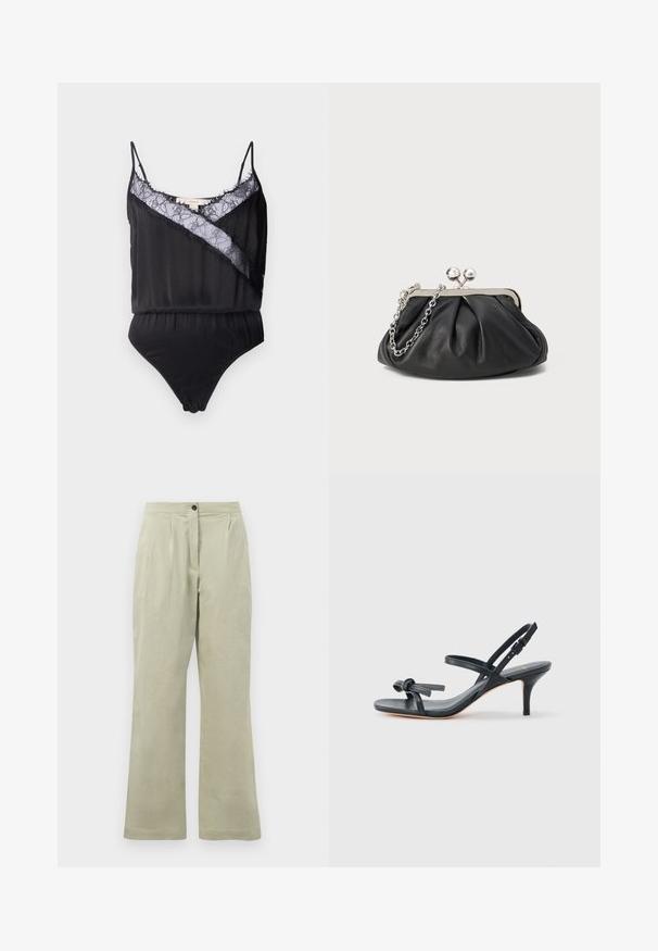 Zwart bodysuit met dunne bandjes, voorzien van een kanten overlay en rafelige randen langs de halslijn en een contrasterend diagonaal paneel. Glad textuur van de stof.; Lichtgroene wijde broek van zacht materiaal, met een knoopsluiting aan de voorkant, plooien en een nette zoom.; Zwarte leren sandaal met hak, dunne bandjes, een klein strikdetail op de teen en een verstelbare enkelband met gesp.; Zwarte leren clutch met geplooide textuur, zilverkleurig metalen frame, drukknopsluiting en kettingriem. Glad, zacht oppervlak.