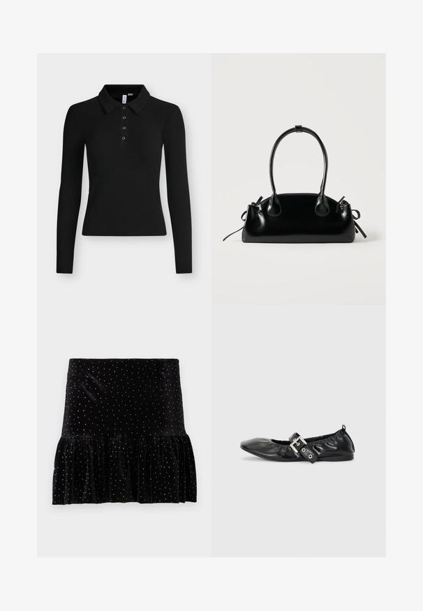 Polo negro de manga larga con canalé, cuello y cuatro botones en la tapeta delantera.; Falda de terciopelo negro con dobladillo rizado, adornada con manchas plateadas. Presenta una cintura ajustada y una textura suave.; Zapato plano de piel negra con puntera afilada, detalle fruncido alrededor de la abertura y un acento de hebilla plateada en la correa ajustable.; Pequeño bolso negro brillante con dos asas largas y detalles de cordón lateral sobre un fondo claro liso.
