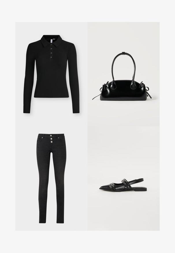 Zwarte longsleeve geribde polo met kraag en vier knopen op het voorpand.; Zwarte slim-fit jeans van denim, met een hoge tailleband en drie zilveren knoopsluitingen, en een klassiek ontwerp met vijf zakken.; Even&Odd by Zalando Slingback ballerina´s - black; Kleine zwarte glanzende handtas met twee lange hengsels en zijkant trekkoord details op een effen lichte achtergrond.