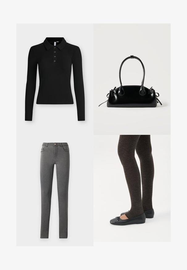 Sort langærmet ribbet polo med krave og fire knapper ned langs forstykke.; Grå denim skinny jeans med en tætsiddende pasform, fem lomme stil og en enkelt metalknaplukning i taljen.; Ben iført mørke ribbede leggings kombineret med sorte balletsko med små sløjfedetaljer på hvid baggrund.; Lille sort blank håndtaske med to lange håndtag og snøre-detaljer i siden på en ensfarvet lys baggrund.