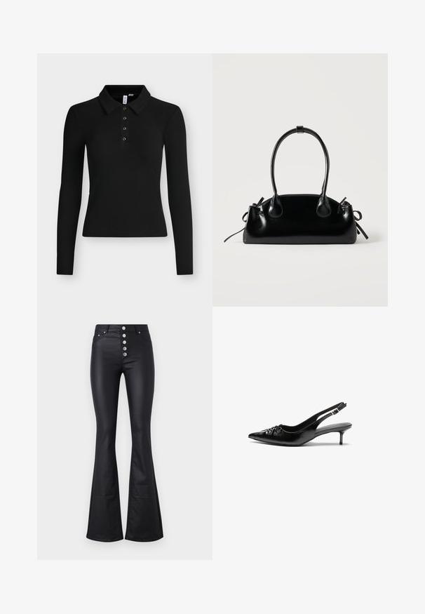 Sort langærmet ribbet polo med krave og fire knapper ned langs forstykke.; Sorte flagrende bukser lavet af glat, strækbart materiale med høj talje og fem metalliske knapper foran. Har to sidelommer.; Sorte læder slingback-pumps med spids tå, lav kitten-hæl og rynket detalje på overdelen. Glat tekstur og minimalistisk design.; Lille sort blank håndtaske med to lange håndtag og snøre-detaljer i siden på en ensfarvet lys baggrund.