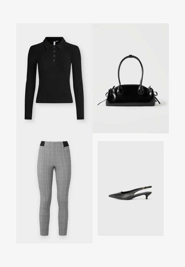 Sort langærmet ribbet polo med krave og fire knapper ned langs forstykke.; Grå ternede leggings med en tætsiddende pasform, der har en sort elastisk talje og sidelommer. Tekstureret stof med et ternet mønster.; Sorte spidse slingback-sko lavet af glat læder. Har en tynd hæl og en spænde detalje på den justerbare rem.; Lille sort blank håndtaske med to lange håndtag og snøre-detaljer i siden på en ensfarvet lys baggrund.