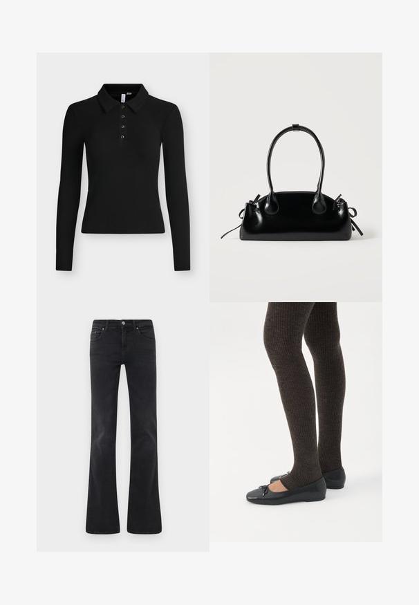 Sort langærmet ribbet polo med krave og fire knapper ned langs forstykke.; Sorte flagrende jeans lavet af denim, med et klassisk fem-lomme design, knaplukning og subtile sømdetaljer.; Ben iført mørke ribbede leggings kombineret med sorte balletsko med små sløjfedetaljer på hvid baggrund.; Lille sort blank håndtaske med to lange håndtag og snøre-detaljer i siden på en ensfarvet lys baggrund.