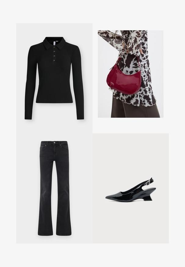 Zwarte longsleeve geribde polo met kraag en vier knopen op het voorpand.; Zwarte flare jeans gemaakt van denim, met een klassieke vijf-pocket design, een knoopsluiting en subtiele stikseldetails.; Zwarte lakleren slingback schoen met spitse neus en lage schuine blokhak op een effen lichte achtergrond.; Vrouw met een zwart-wit gebloemde blouse houdt een glanzende rode schoudertas vast tegen een effen achtergrond.