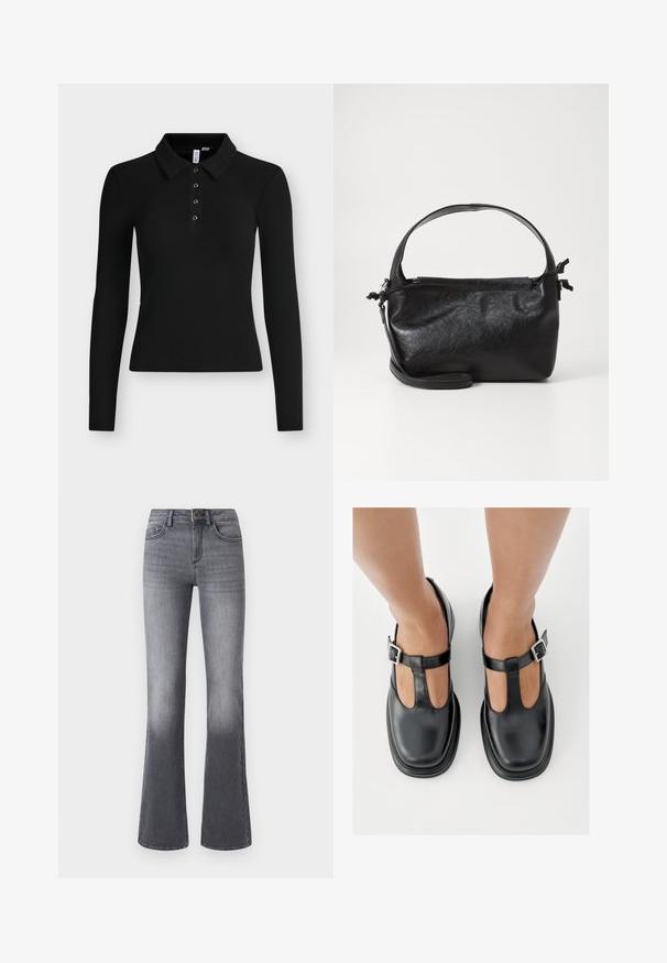 Zwarte longsleeve geribde polo met kraag en vier knopen op het voorpand.; High-waisted flared jeans in donkergrijze denim, met voorzakken, een knoopsluiting en subtiele vervaging naar de zoom toe.; Zwarte leren schoenen met een T-bandontwerp, gesloten teensluiting en zilverkleurige gespdetails. Glad oppervlak met een ronde neus en platte zool.; Zwarte leren handtas met een gestructureerd ontwerp, een ronde bovenhandgreep en een afneembare schouderriem. Beschikt over een gladde textuur en een subtiele glans.