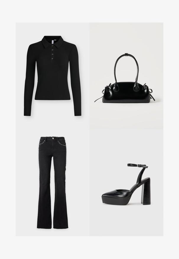 Zwarte longsleeve geribde polo met kraag en vier knopen op het voorpand.; Zwarte bootcut jeans met mid-rise taille en zilveren studs op de voorzakken, weergegeven tegen een effen lichte achtergrond.; Zwarte plateauhakken met een puntige neus en verstelbare enkelband. Gemaakt van soepel leer, met een robuuste blokhak.; Kleine zwarte glanzende handtas met twee lange hengsels en zijkant trekkoord details op een effen lichte achtergrond.