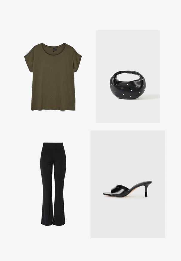 T-shirt uni vert olive à manches courtes avec encolure ronde et coupe décontractée, présenté à plat sur un fond blanc.; Pantalon noir taille haute extensible avec jambe légèrement évasée et design lisse sans coutures, sur fond blanc.; Mules à talons hauts en cuir noir avec un design à bout ouvert et une large sangle supérieure incurvée. Texture lisse et silhouette élégante.; Sac à main en cuir noir de forme arrondie, décoré de clous argentés et équipé d'une poignée courte. Texture lisse et fermeture éclair.