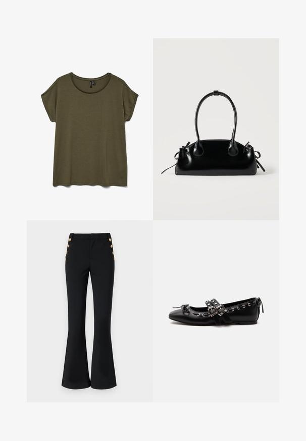 T-shirt uni vert olive à manches courtes avec encolure ronde et coupe décontractée, présenté à plat sur un fond blanc.; Pantalons évasés noirs en tissu extensible, avec une taille plate, des poches latérales et des boutons décoratifs en or le long des hanches.; Chaussure de ballet plate noire avec doubles brides à boucle, œillets argentés et petit nœud près de l’orteil arrondi sur fond blanc.; Petit sac à main noir brillant avec deux longues anses et des détails à cordon sur les côtés sur un fond clair uni.